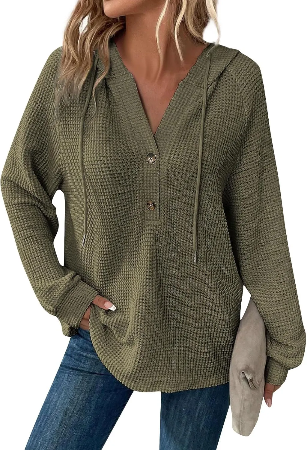 Hoodies for Women Waffle Knit Long Sleeve Drawstring Button V Neck Casual Pullover Sweatshirt Hooded Sweaters Tops