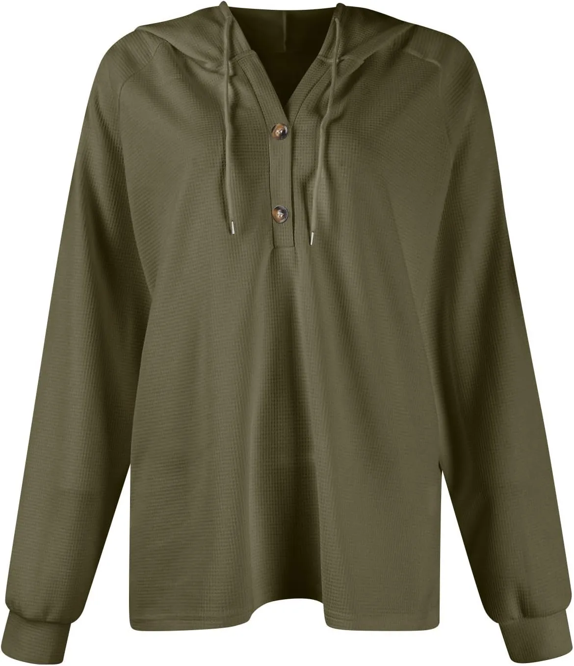 Hoodies for Women Waffle Knit Long Sleeve Drawstring Button V Neck Casual Pullover Sweatshirt Hooded Sweaters Tops
