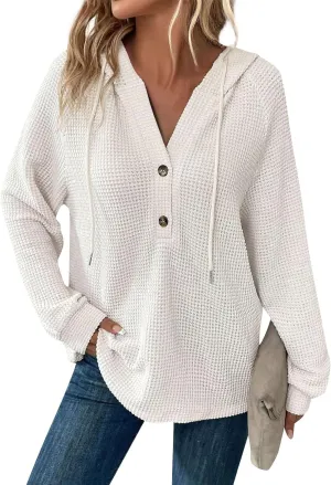 Hoodies for Women Waffle Knit Long Sleeve Drawstring Button V Neck Casual Pullover Sweatshirt Hooded Sweaters Tops