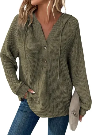 Hoodies for Women Waffle Knit Long Sleeve Drawstring Button V Neck Casual Pullover Sweatshirt Hooded Sweaters Tops