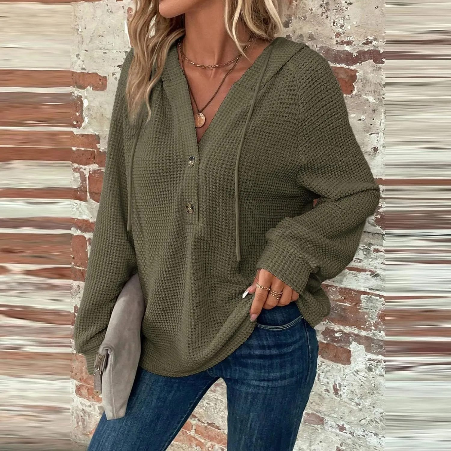 Hoodies for Women Waffle Knit Long Sleeve Drawstring Button V Neck Casual Pullover Sweatshirt Hooded Sweaters Tops