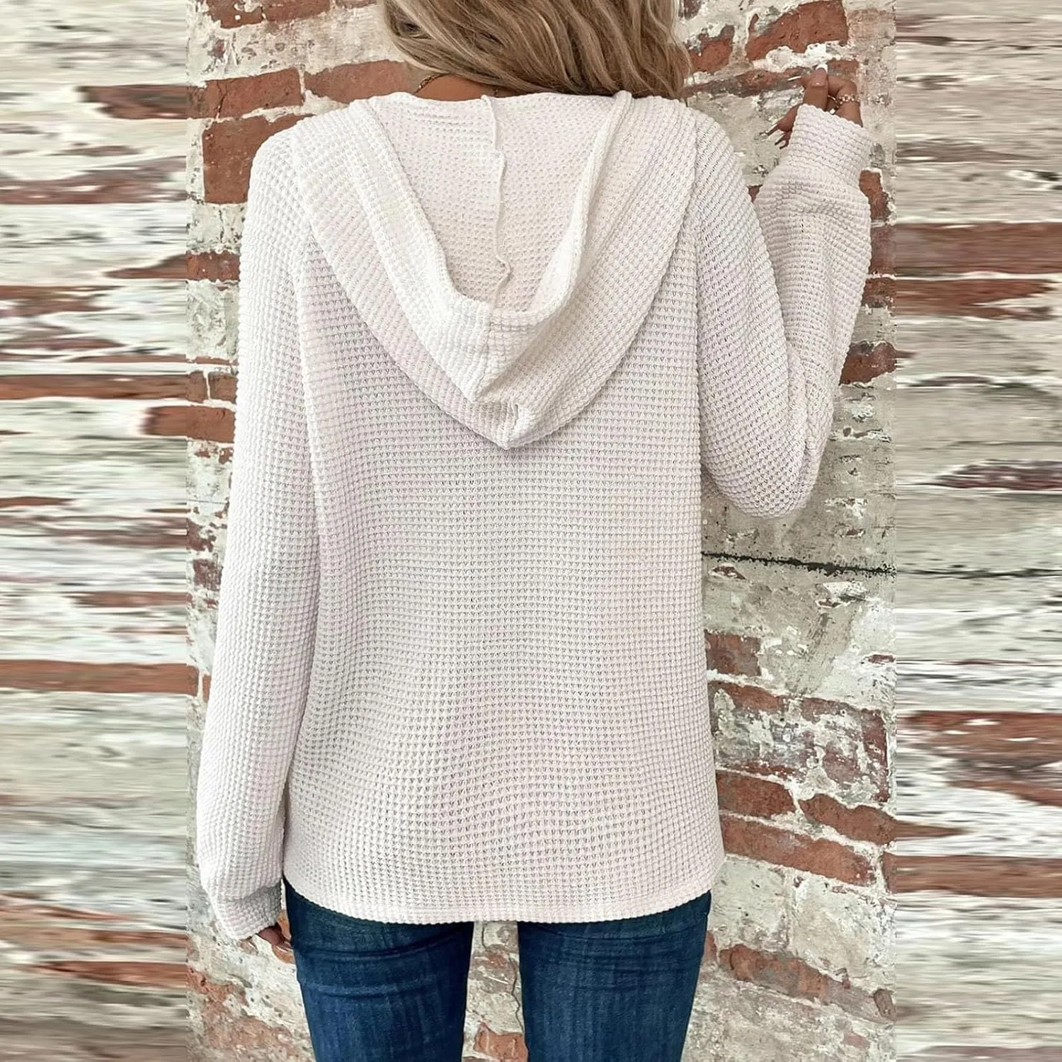 Hoodies for Women Waffle Knit Long Sleeve Drawstring Button V Neck Casual Pullover Sweatshirt Hooded Sweaters Tops