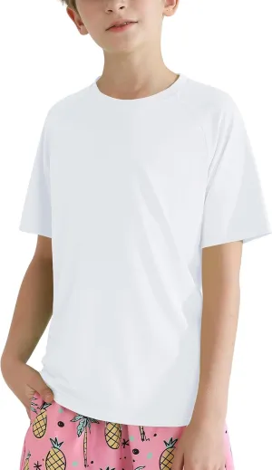 Hotfiary Boys Short Sleeve Rash Guard UPF50  Swim Shirt Quick Dry Water Sun Neon Athletic Shirts for Girls Kids Youth 5-14 Y