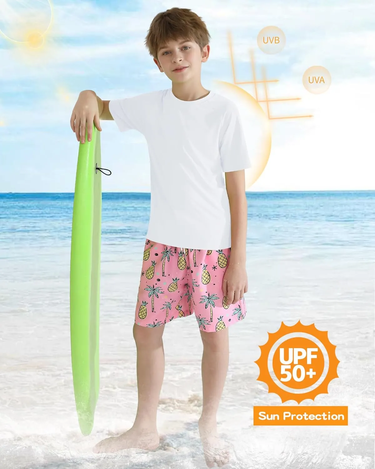 Hotfiary Boys Short Sleeve Rash Guard UPF50  Swim Shirt Quick Dry Water Sun Neon Athletic Shirts for Girls Kids Youth 5-14 Y