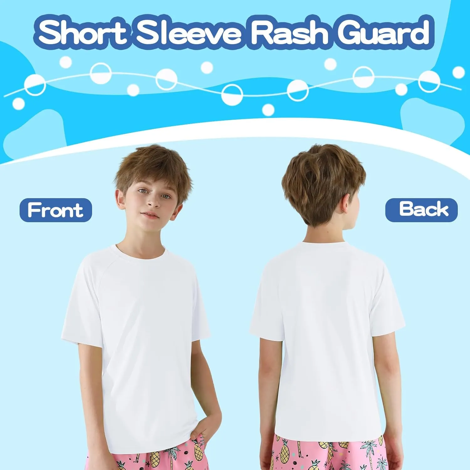 Hotfiary Boys Short Sleeve Rash Guard UPF50  Swim Shirt Quick Dry Water Sun Neon Athletic Shirts for Girls Kids Youth 5-14 Y