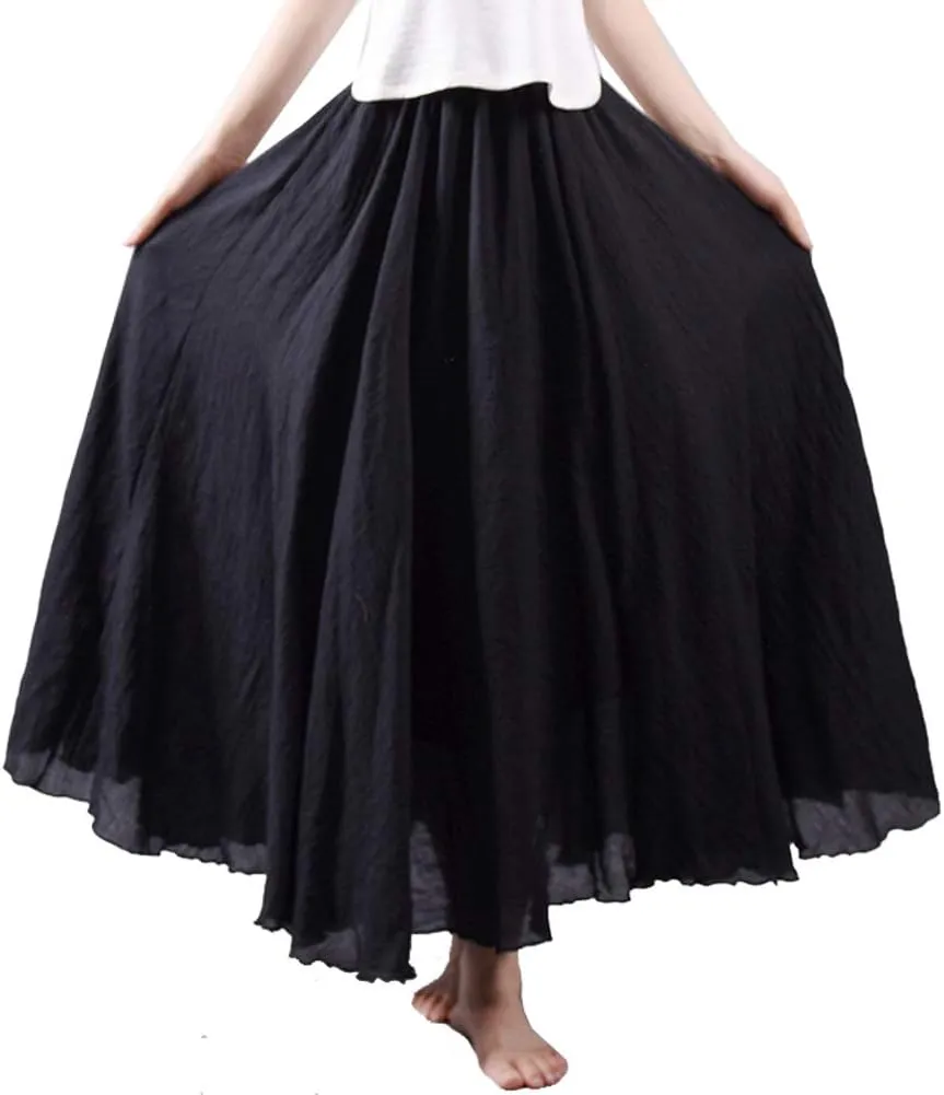 Hotmiss Women's Bohemian Layer Elastic Waist Cotton Linen Long Maxi Skirt Dress