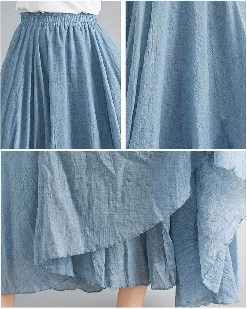 Hotmiss Women's Bohemian Layer Elastic Waist Cotton Linen Long Maxi Skirt Dress