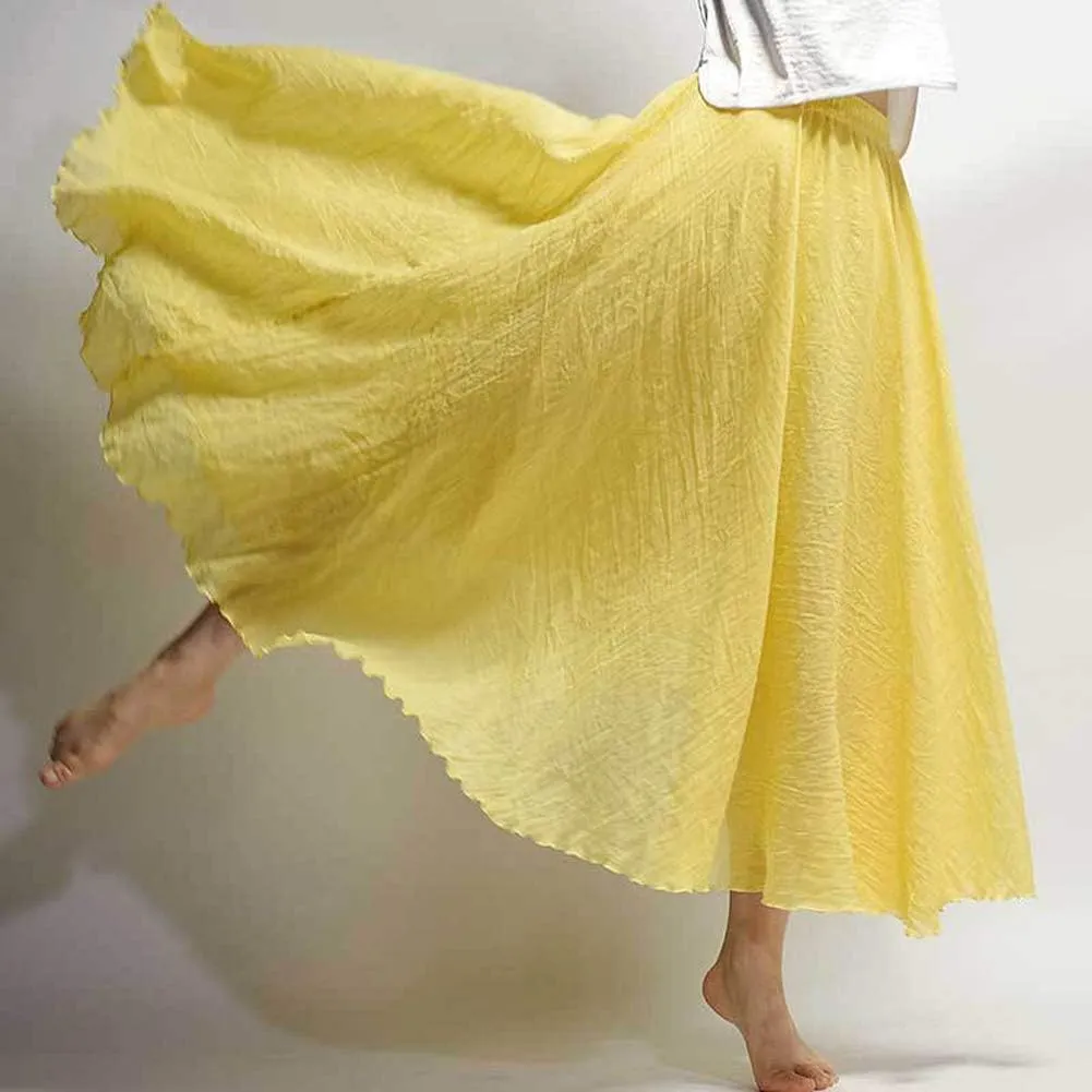 Hotmiss Women's Bohemian Layer Elastic Waist Cotton Linen Long Maxi Skirt Dress