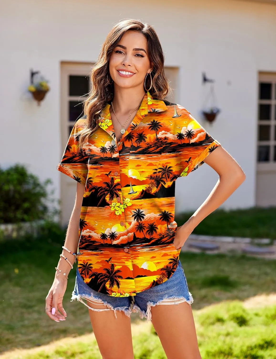 HOTOUCH Hawaiian Shirts for Women Summer Cool Hawaii Floral Tropic Print Blouses Beach Short Sleeve Button Up Tops