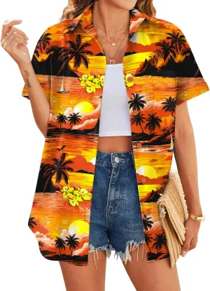 HOTOUCH Hawaiian Shirts for Women Summer Cool Hawaii Floral Tropic Print Blouses Beach Short Sleeve Button Up Tops