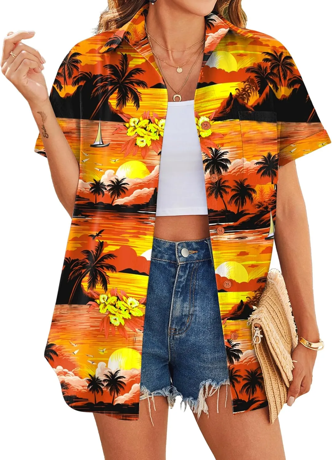 HOTOUCH Hawaiian Shirts for Women Summer Cool Hawaii Floral Tropic Print Blouses Beach Short Sleeve Button Up Tops