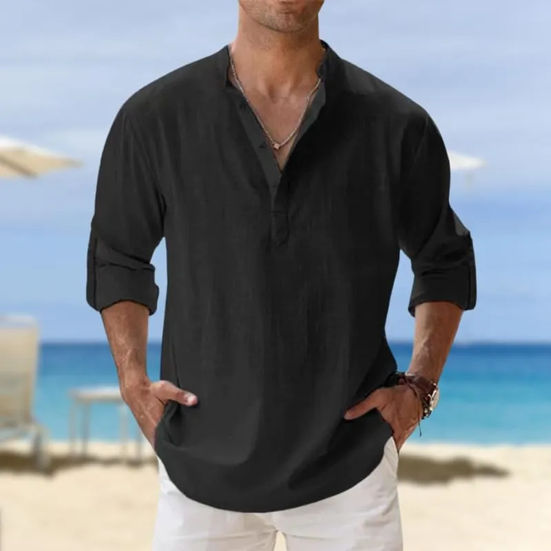 HOTYD Men's Casual Henley Shirt Long Sleeve Stand Collar Shirts Loose Fit Solid Color Cotton Linen Beach Tops