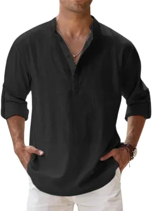 HOTYD Men's Casual Henley Shirt Long Sleeve Stand Collar Shirts Loose Fit Solid Color Cotton Linen Beach Tops