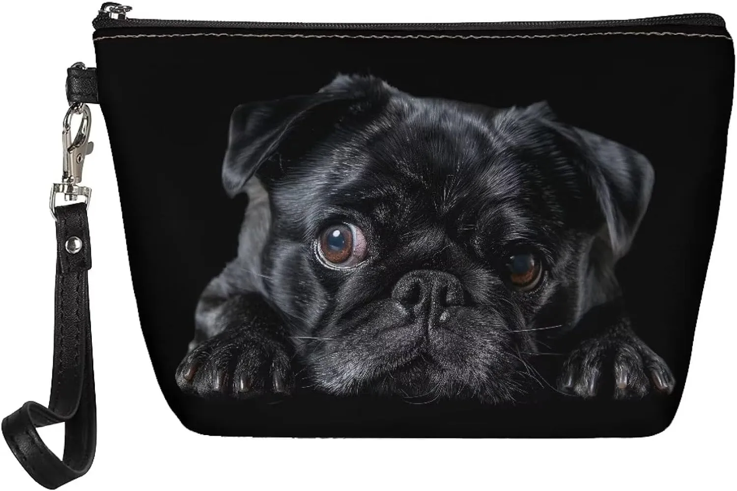 HUGS IDEA Black Pug Makeup Bag PU Leather Cosmetic Bag for Women Travel Makeup Bag for Girls Large Double Layers Make Up Brush Bags Toiletry Bag