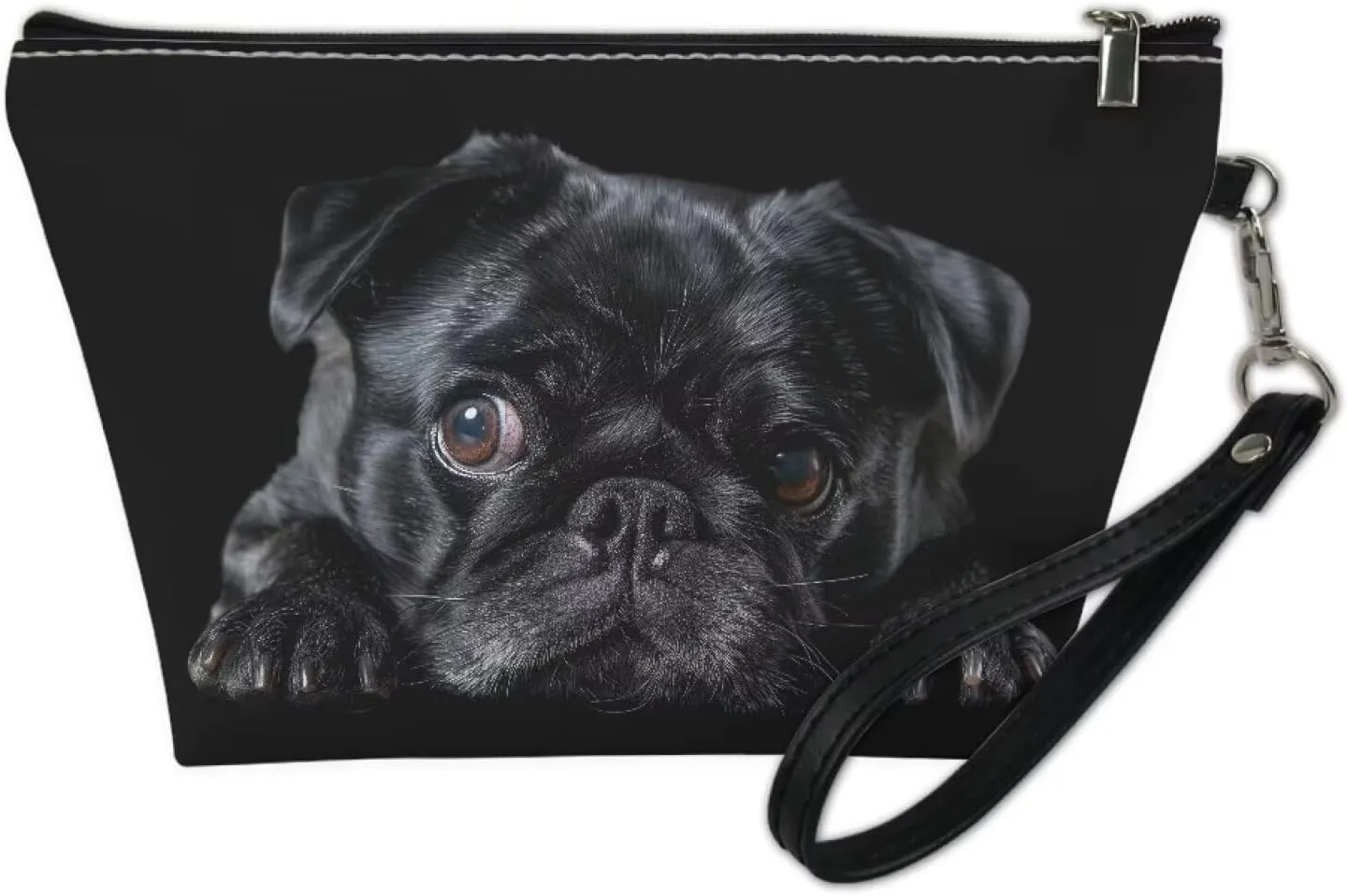 HUGS IDEA Black Pug Makeup Bag PU Leather Cosmetic Bag for Women Travel Makeup Bag for Girls Large Double Layers Make Up Brush Bags Toiletry Bag