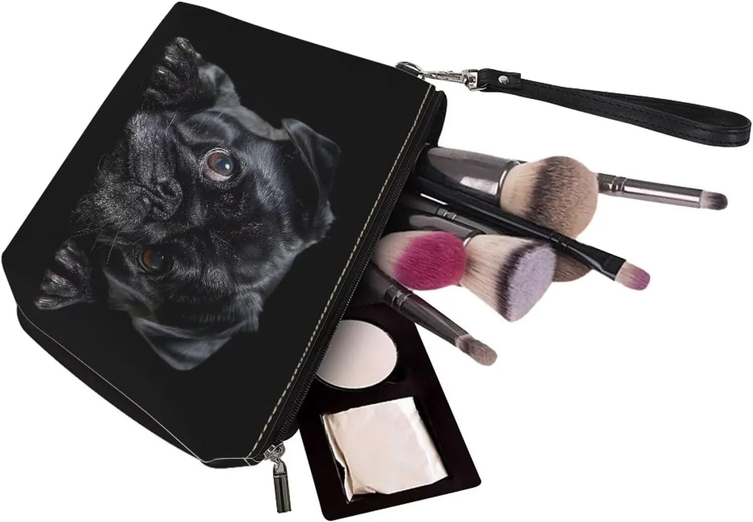 HUGS IDEA Black Pug Makeup Bag PU Leather Cosmetic Bag for Women Travel Makeup Bag for Girls Large Double Layers Make Up Brush Bags Toiletry Bag