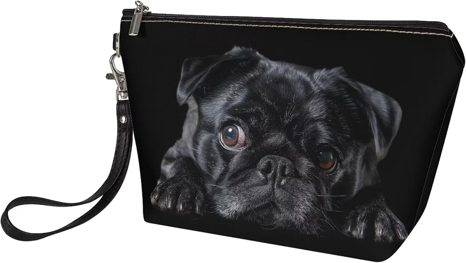 HUGS IDEA Black Pug Makeup Bag PU Leather Cosmetic Bag for Women Travel Makeup Bag for Girls Large Double Layers Make Up Brush Bags Toiletry Bag