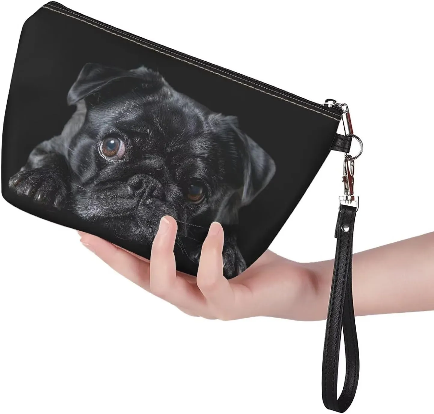HUGS IDEA Black Pug Makeup Bag PU Leather Cosmetic Bag for Women Travel Makeup Bag for Girls Large Double Layers Make Up Brush Bags Toiletry Bag