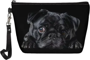 HUGS IDEA Black Pug Makeup Bag PU Leather Cosmetic Bag for Women Travel Makeup Bag for Girls Large Double Layers Make Up Brush Bags Toiletry Bag