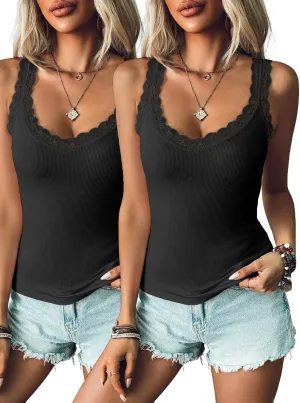 Ibeauti 2 Pack Lace Camisole Tank Tops for Women Sleeveless Summer Going Out Tops Ribbed Cami Undershirts