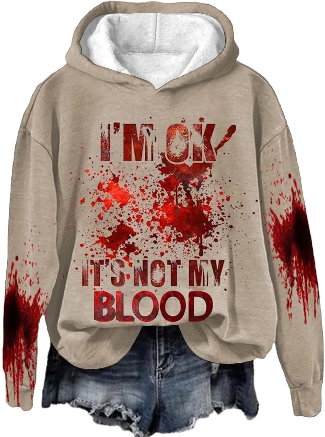 I'M Ok It's Not My Blood Sweatshirt for Women Oversized Halloween Hoodie Graphic Pullover Funny Long Sleeve Tee Top