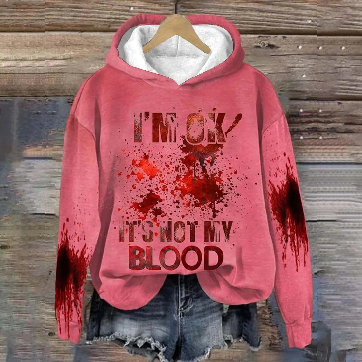 I'M Ok It's Not My Blood Sweatshirt for Women Oversized Halloween Hoodie Graphic Pullover Funny Long Sleeve Tee Top