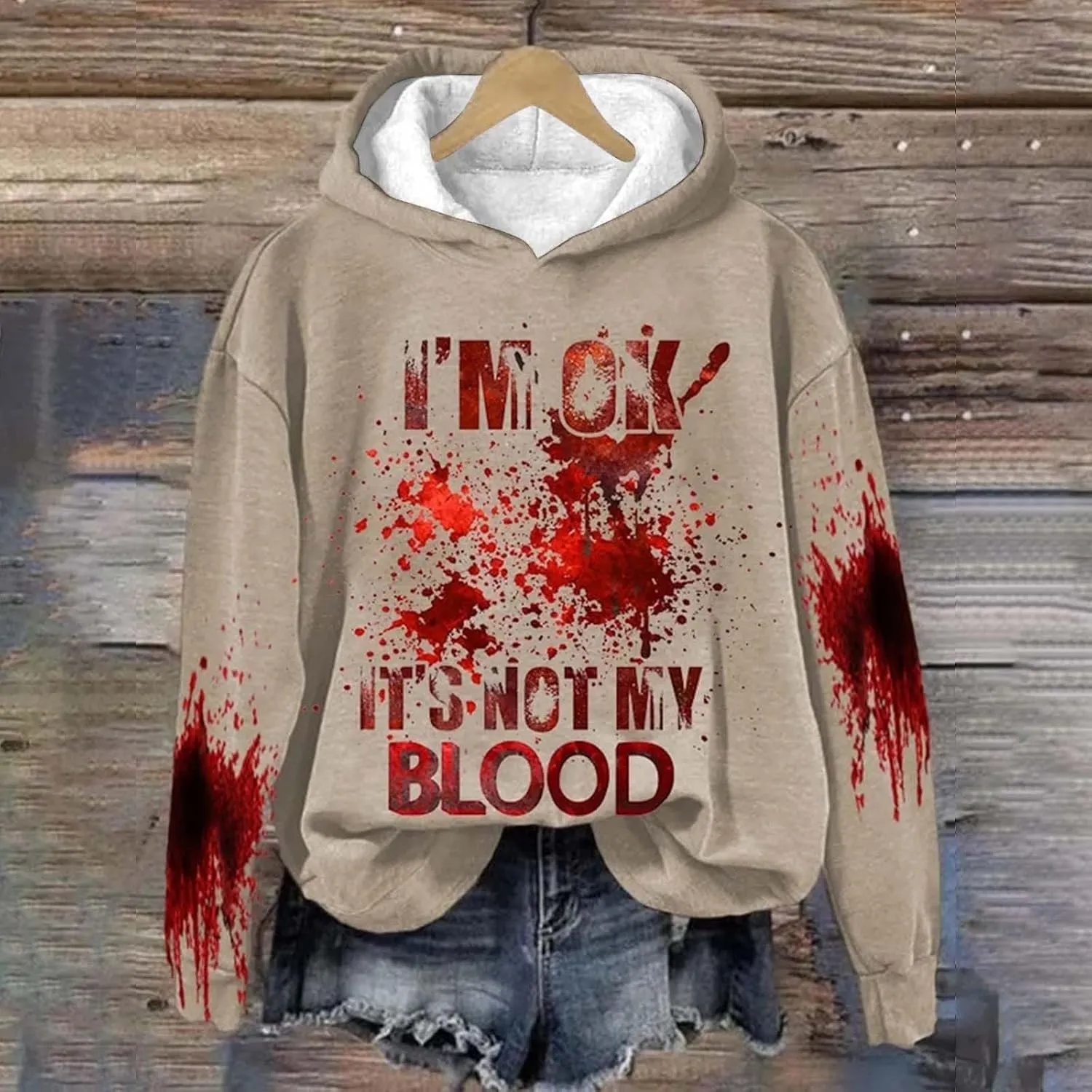 I'M Ok It's Not My Blood Sweatshirt for Women Oversized Halloween Hoodie Graphic Pullover Funny Long Sleeve Tee Top