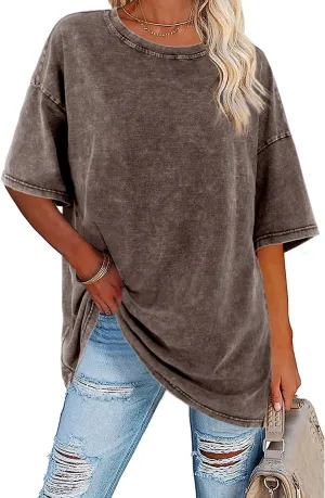 Imily Bela Womens Oversized T Shirts Vintage Cotton Tees Crewneck Short Sleeve Washed Summer Tunic Tops