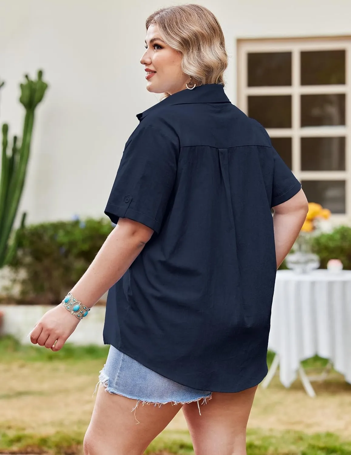 IN'VOLAND Womens Plus Size Linen Button Down Shirts Short Sleeve Cotton Casual Collared Shirt V Neck Summer Blouses Tops