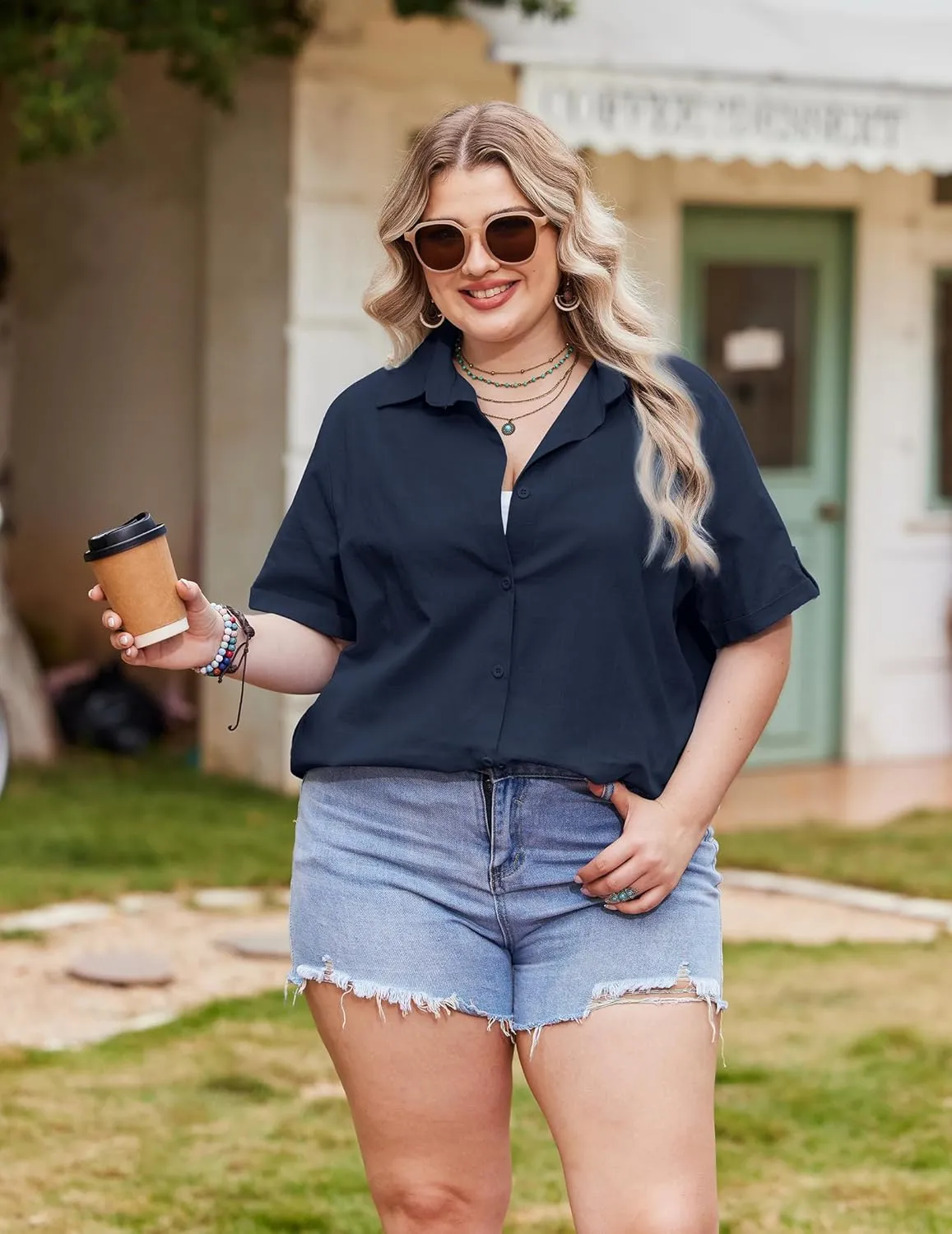 IN'VOLAND Womens Plus Size Linen Button Down Shirts Short Sleeve Cotton Casual Collared Shirt V Neck Summer Blouses Tops