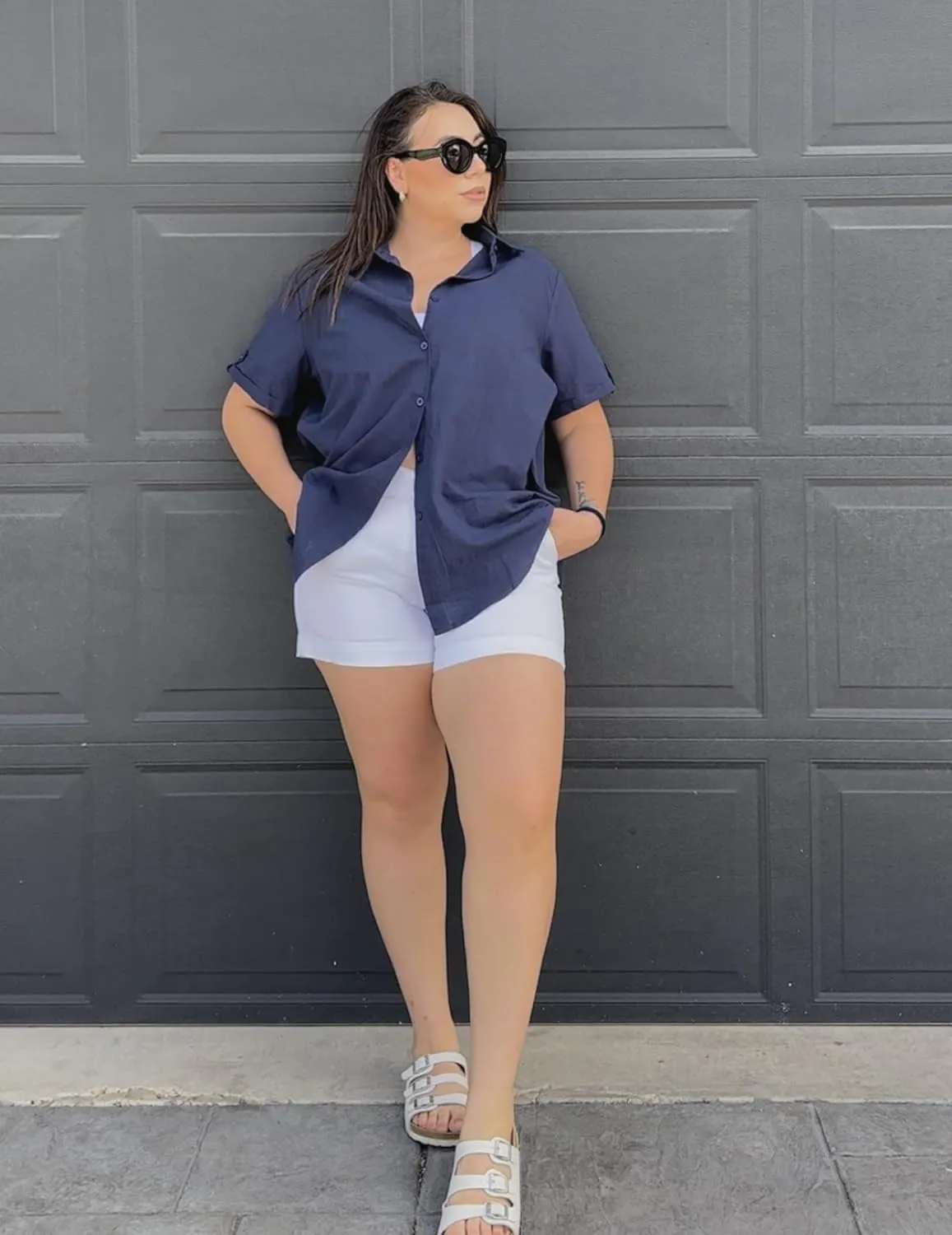 IN'VOLAND Womens Plus Size Linen Button Down Shirts Short Sleeve Cotton Casual Collared Shirt V Neck Summer Blouses Tops