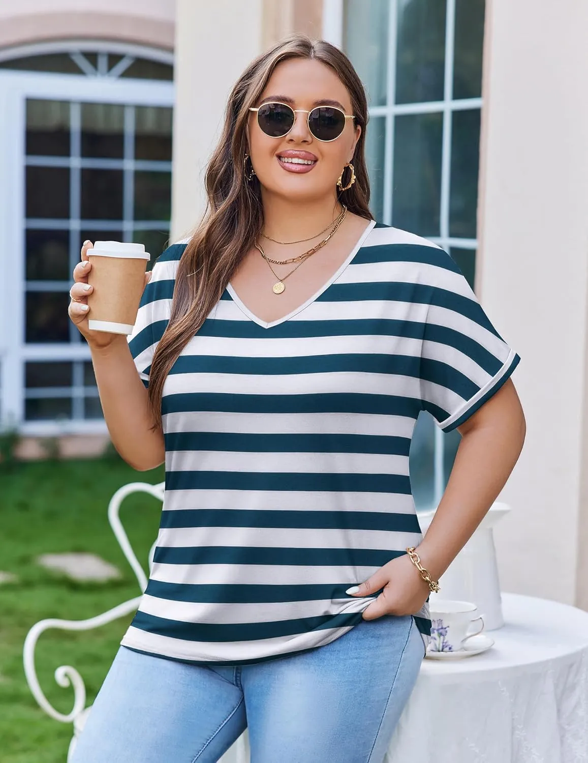 IN'VOLAND Women's Plus Size Tops Short Sleeve Tee Shirt V Neck Loose Fit Striped Shirt Summer Casual Blouses