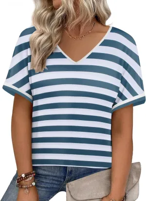 IN'VOLAND Women's Plus Size Tops Short Sleeve Tee Shirt V Neck Loose Fit Striped Shirt Summer Casual Blouses