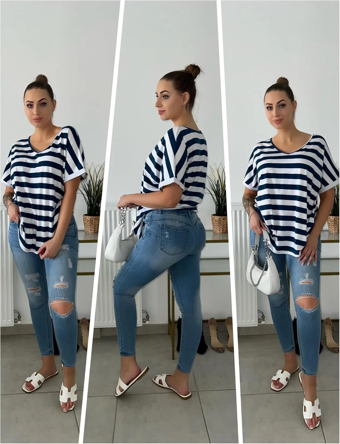 IN'VOLAND Women's Plus Size Tops Short Sleeve Tee Shirt V Neck Loose Fit Striped Shirt Summer Casual Blouses