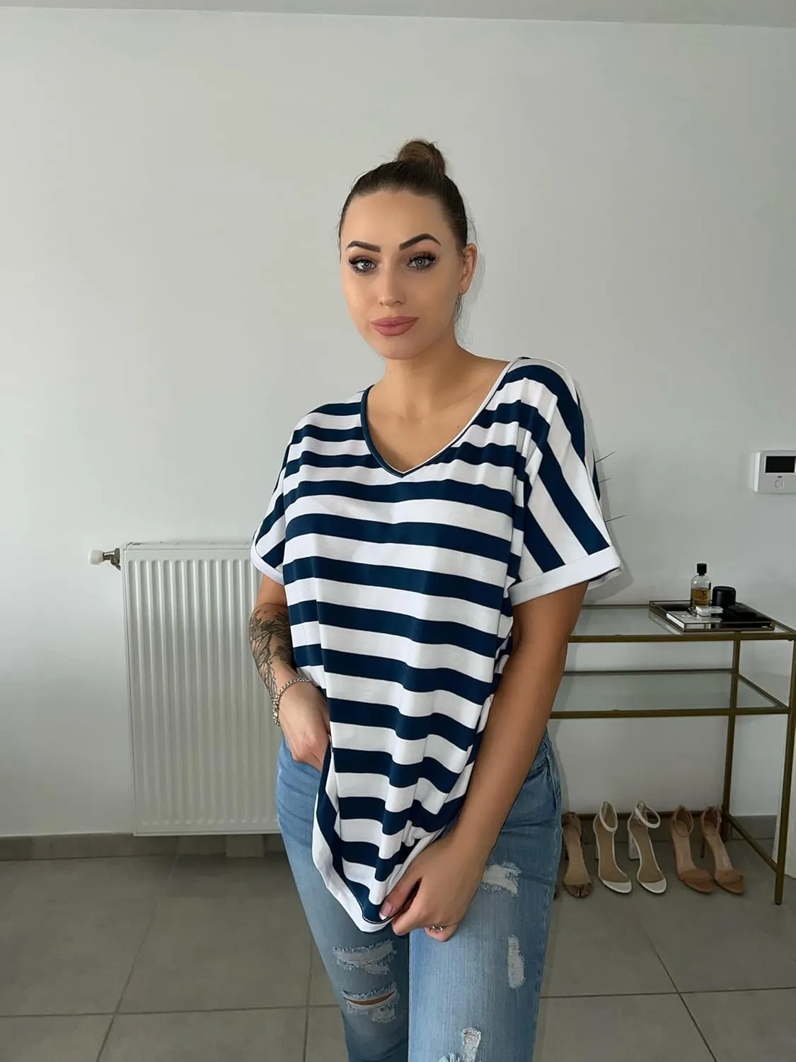 IN'VOLAND Women's Plus Size Tops Short Sleeve Tee Shirt V Neck Loose Fit Striped Shirt Summer Casual Blouses