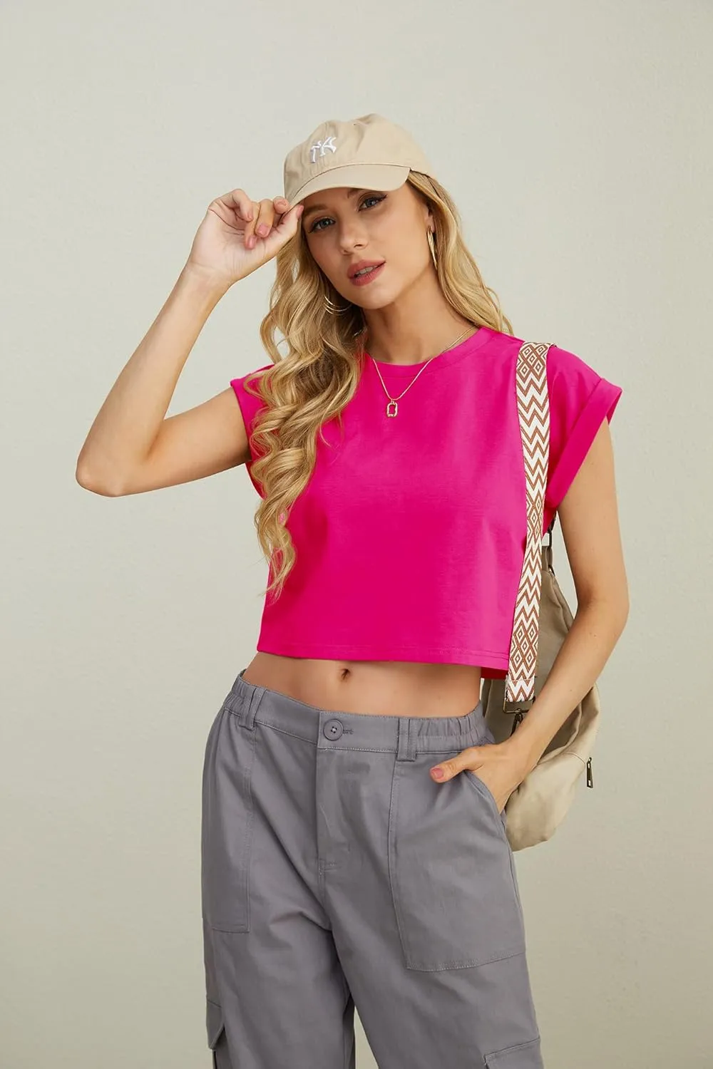 JINKESI Womens Summer Crewneck Crop Tops Causal T-Shirts Rolled Short Sleeve Basic Tees