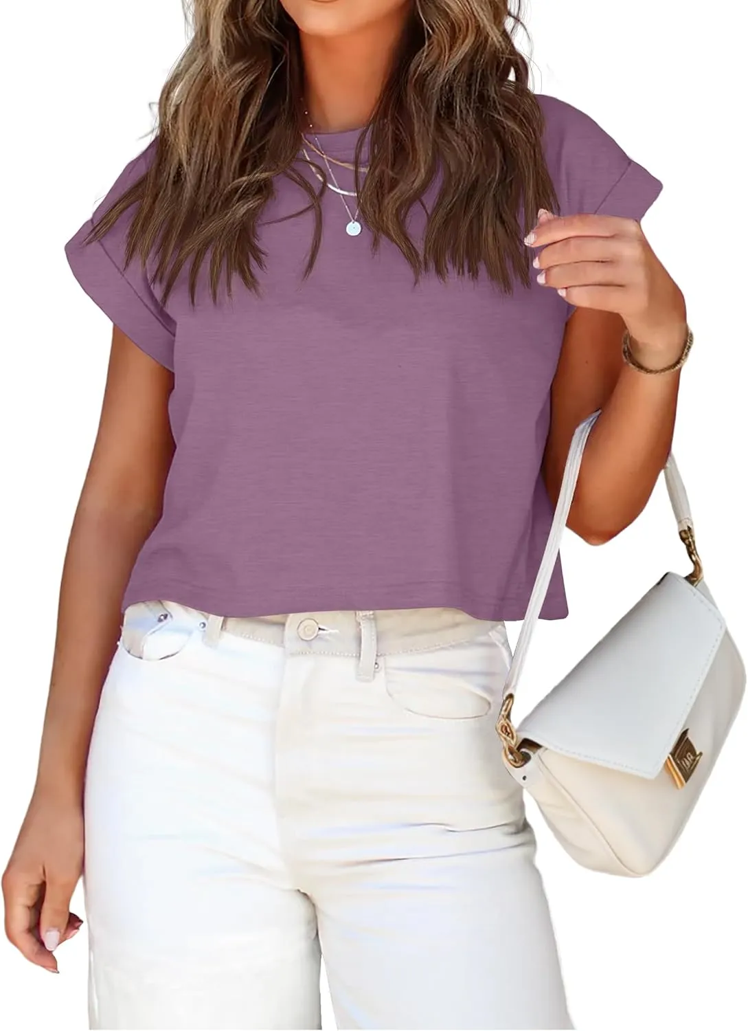 JINKESI Womens Summer Crewneck Crop Tops Causal T-Shirts Rolled Short Sleeve Basic Tees