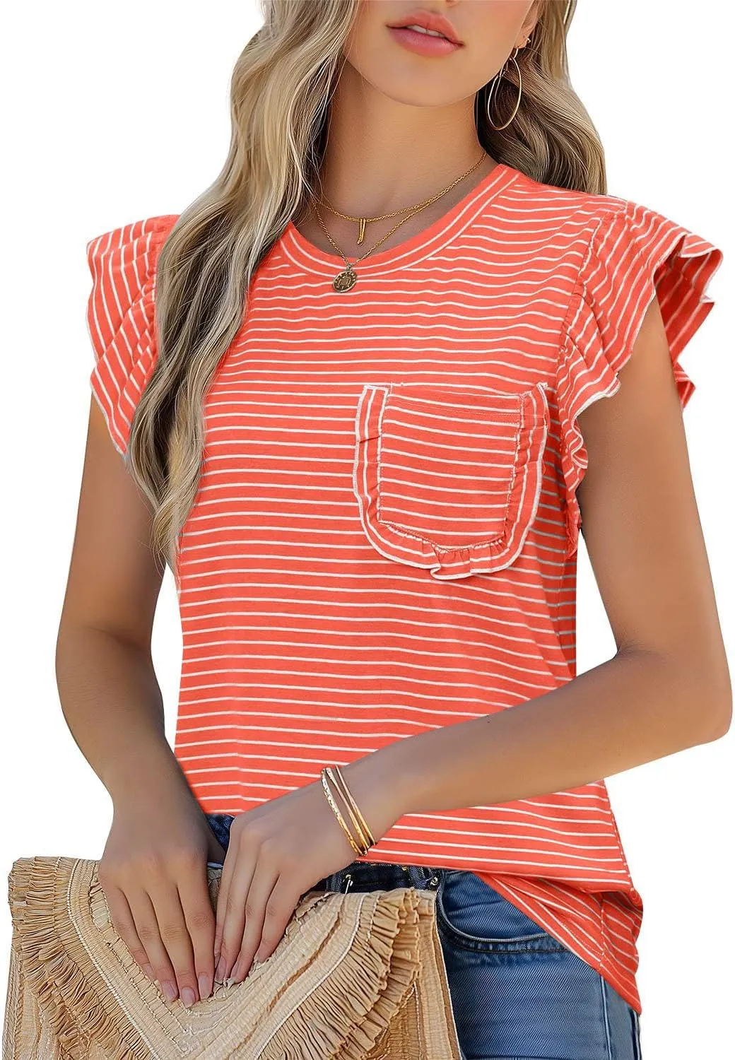 JUSTFASHIONNOW Womens Summer Tops Striped T-Shirts 2025 Ruffle Short Sleeve Crew Neck Casual Blouses with Pocket