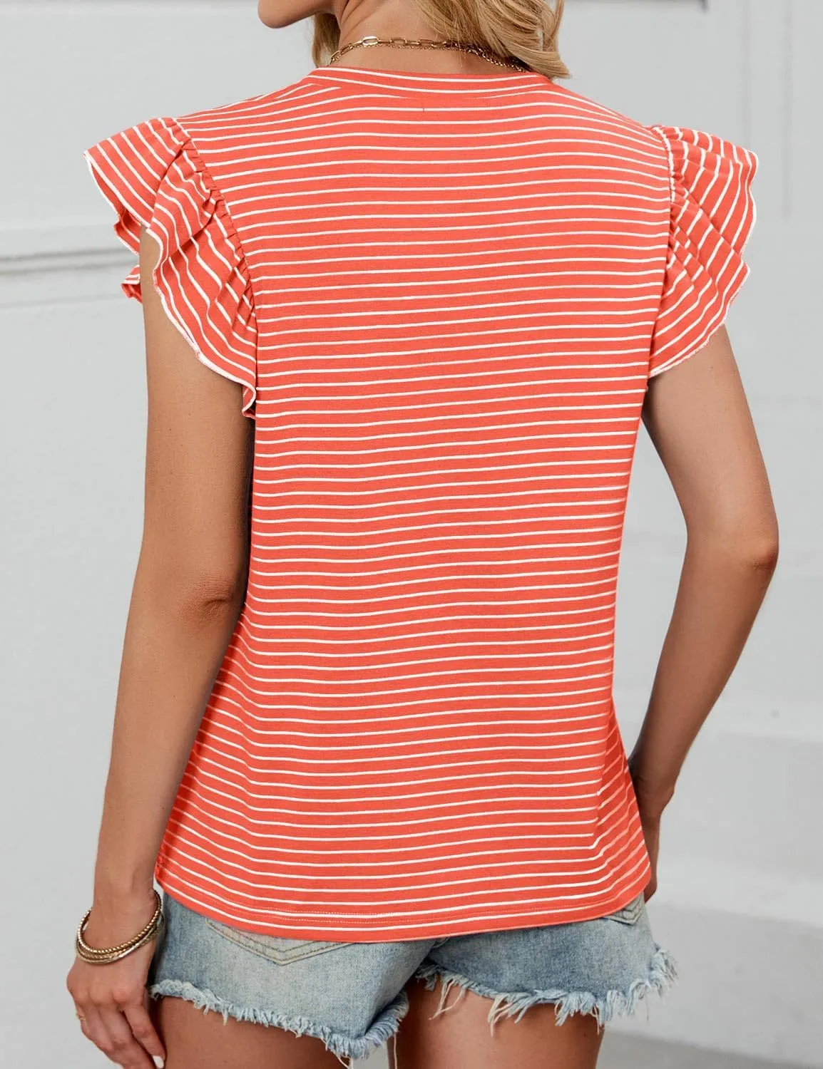 JUSTFASHIONNOW Womens Summer Tops Striped T-Shirts 2025 Ruffle Short Sleeve Crew Neck Casual Blouses with Pocket