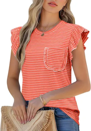JUSTFASHIONNOW Womens Summer Tops Striped T-Shirts 2025 Ruffle Short Sleeve Crew Neck Casual Blouses with Pocket