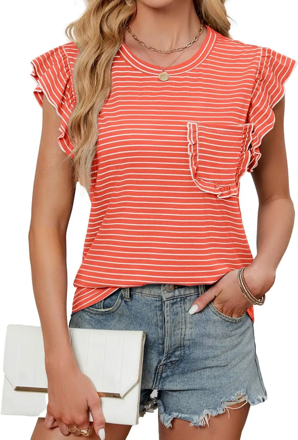 JUSTFASHIONNOW Womens Summer Tops Striped T-Shirts 2025 Ruffle Short Sleeve Crew Neck Casual Blouses with Pocket