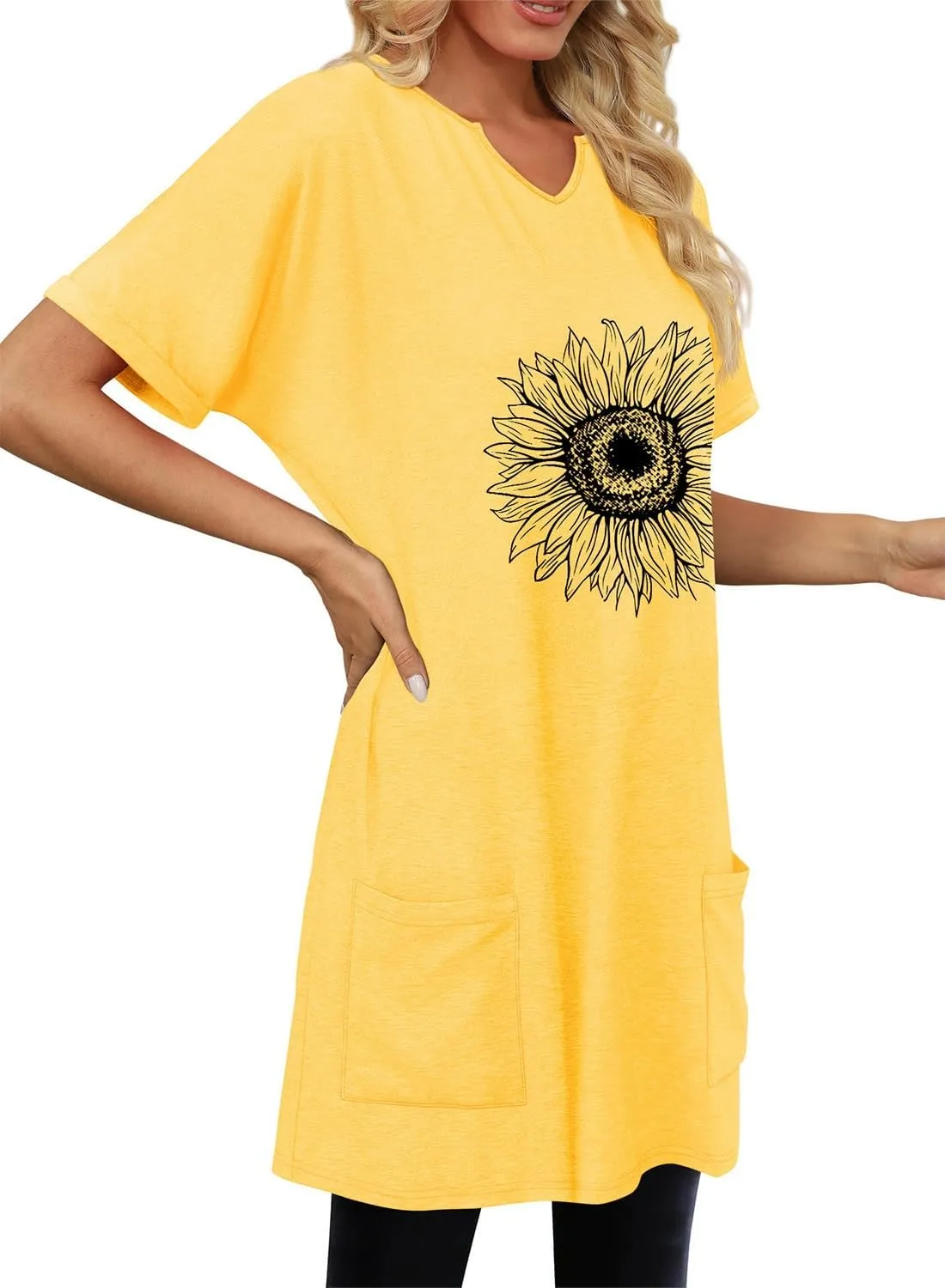 KISSMODA Women's Short Sleeve Tunic Tops Summer for Leggings T-shirts Long Tunics with Pockets Dresses Pullover Hoodies