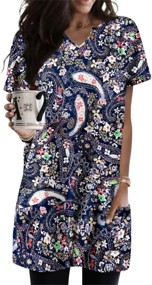 KISSMODA Women's Short Sleeve Tunic Tops Summer for Leggings T-shirts Long Tunics with Pockets Dresses Pullover Hoodies