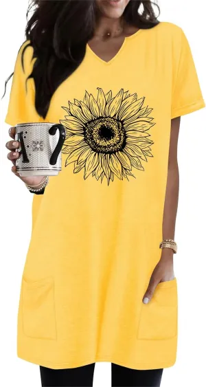 KISSMODA Women's Short Sleeve Tunic Tops Summer for Leggings T-shirts Long Tunics with Pockets Dresses Pullover Hoodies