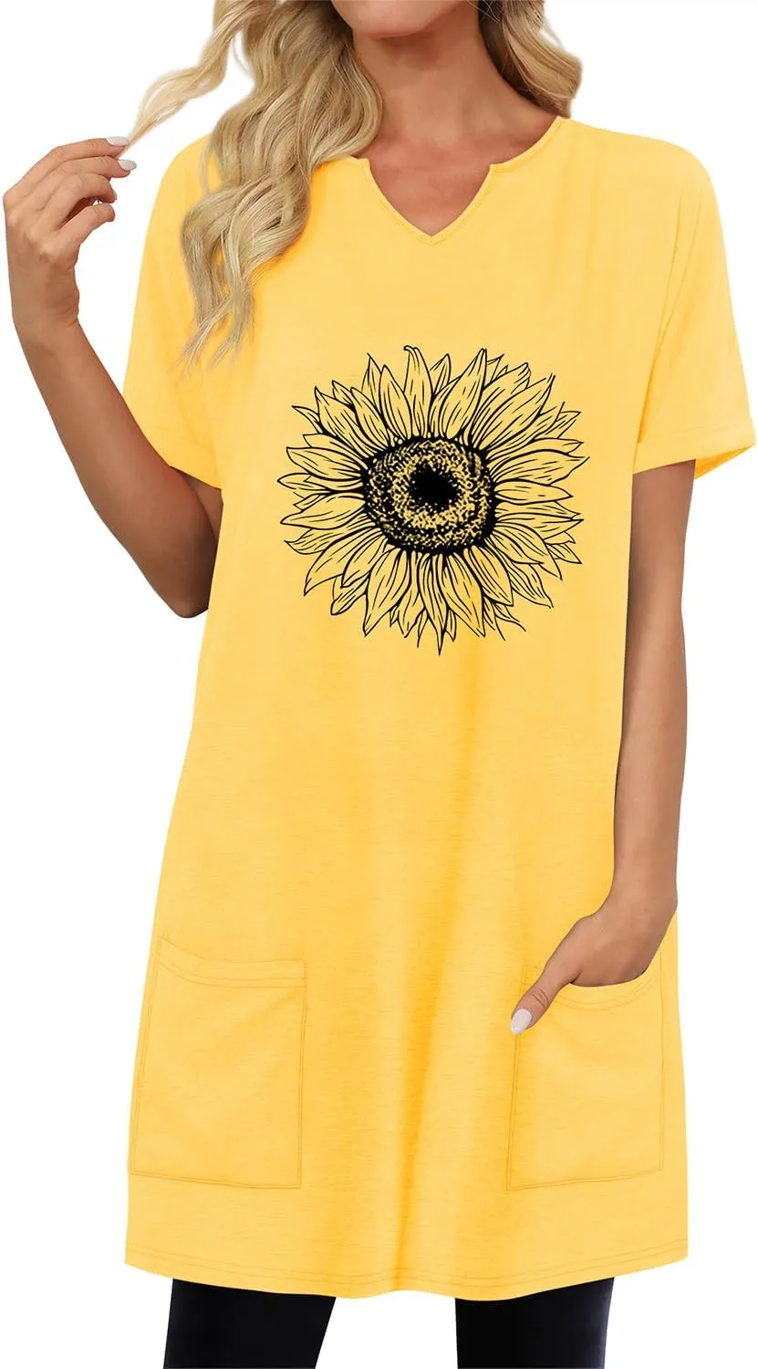 KISSMODA Women's Short Sleeve Tunic Tops Summer for Leggings T-shirts Long Tunics with Pockets Dresses Pullover Hoodies