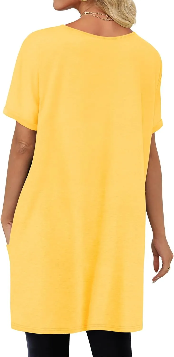 KISSMODA Women's Short Sleeve Tunic Tops Summer for Leggings T-shirts Long Tunics with Pockets Dresses Pullover Hoodies