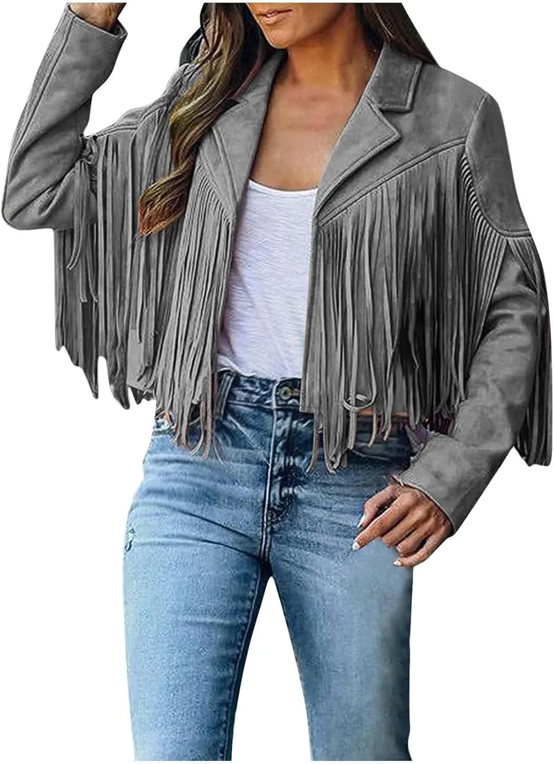 Kubbon Women's Fringe Faux Suede Leather Jackets 2024 Fall Long Sleeve Tassel Cropped Cowboy Coats Motorcycle Outfits