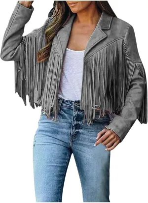 Kubbon Women's Fringe Faux Suede Leather Jackets 2024 Fall Long Sleeve Tassel Cropped Cowboy Coats Motorcycle Outfits