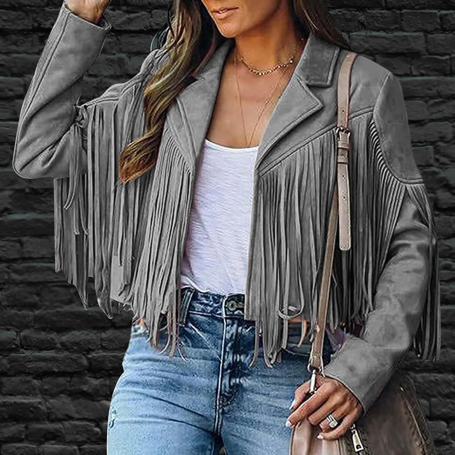 Kubbon Women's Fringe Faux Suede Leather Jackets 2024 Fall Long Sleeve Tassel Cropped Cowboy Coats Motorcycle Outfits