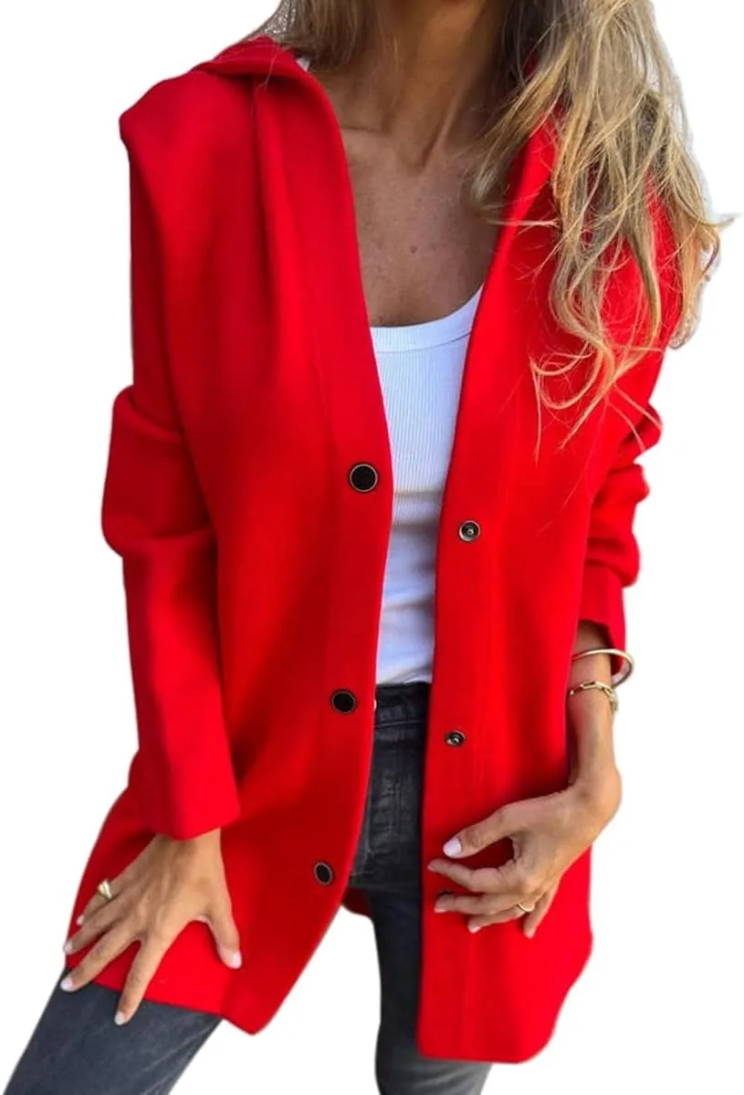 Kubbon Women's Wool Blend Trench Coat Casual Single Breasted Hooded Jacket Lightweight Lapel Long Sleeve Overcoat with Pocket